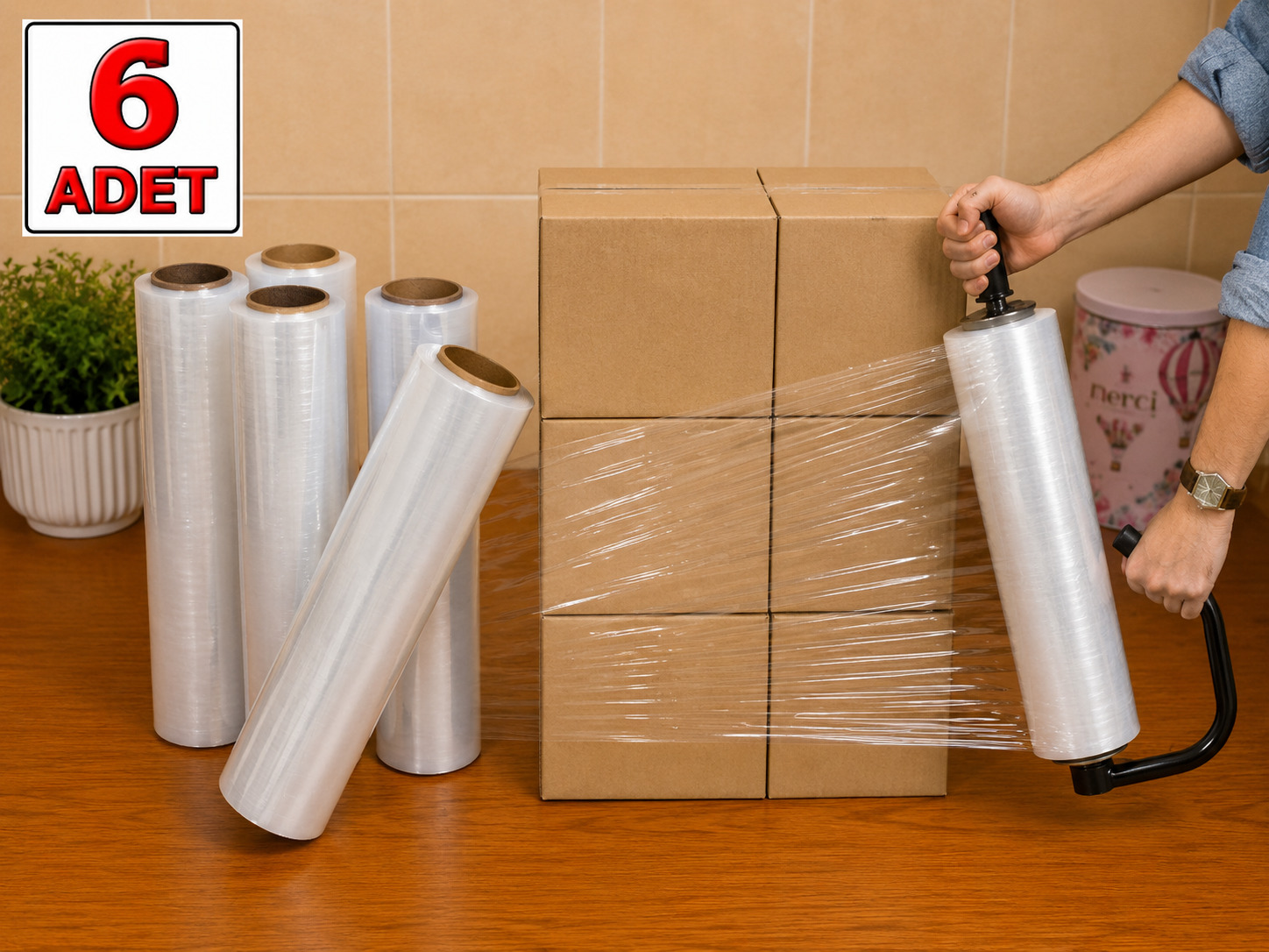 BBPLASTİKAMBALAJ 6 Adet 17 Mikron 50cmx200mt El Tipi Paketleme Ve Palet Streci (NET 200 METRE) görsel 1